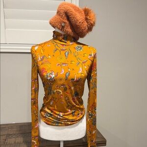 Vibrant Orange Floral Turtleneck Top
